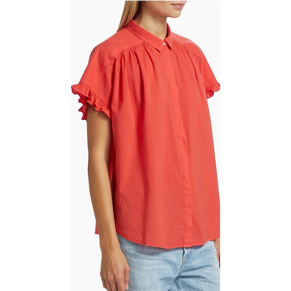 Xirena Noah Small Orange Red‎ Ruffle Sleeve Cotton Button Front Oversized Blouse